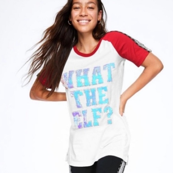 VS. PINK BLING “What The Elf” tee-oversized X-small NWT - Picture 1 of 8